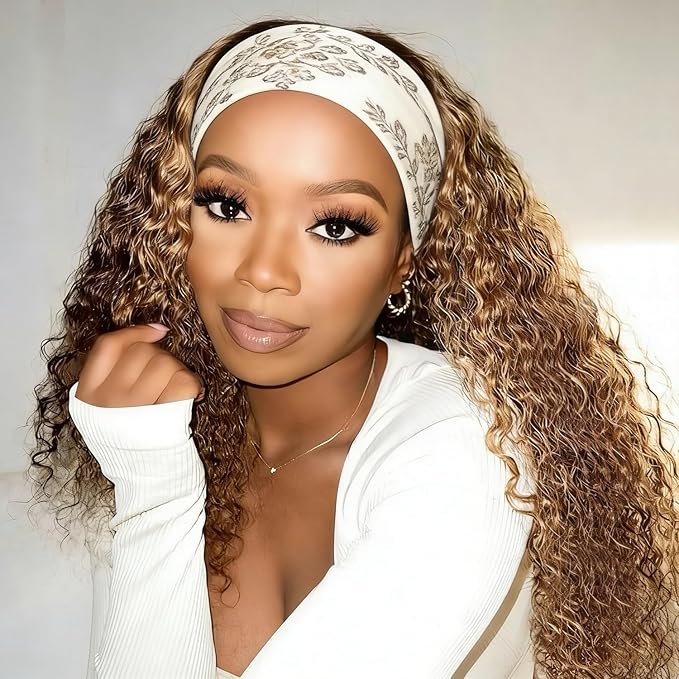 XSY 28 Inch Highlight Ombre Kinky Curly Headband Wig Human Hair P2/30# kinkycurly None Lace Front Wigs for Black Women Brazilian Virgin Human Hair Headband Wigs