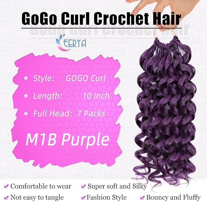7 Packs GoGo Curl Crochet Hair 10 Inch Short Curly Crochet Hair for Women Deep Wave Beach Curl Crochet Braids Synthetic Braiding Hair Extensions(10 Inch, #M1B/Purple)