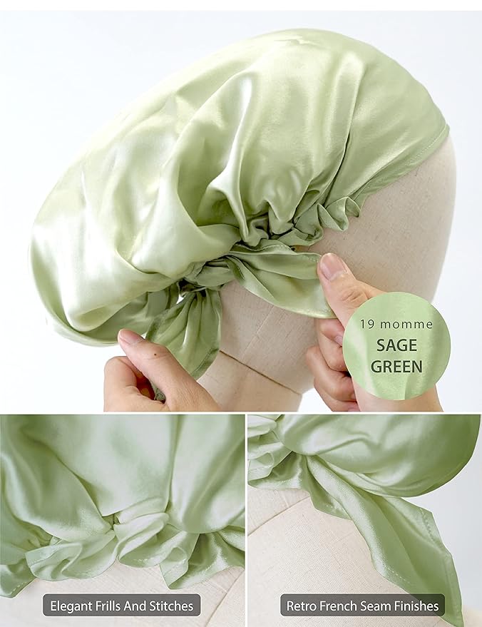 SissiLita 100% Silk Bonnet for Sleeping, Large Silk Sleep Cap with Tie Band for Curly Hair Care (Sage Green)