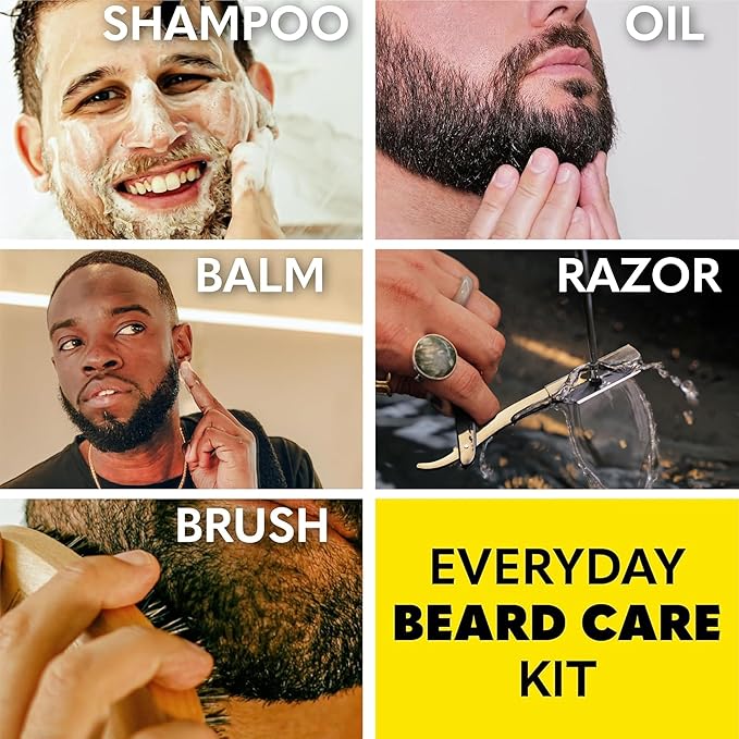 The Beard Club Beard Care Kit & Mens Grooming Kit - Essentials for a Healthier Looking, Stylish Facial Hair - Straight Edge Razor, Shampoo, Cedar Balm & Oil, and Boar Bristle Brush
