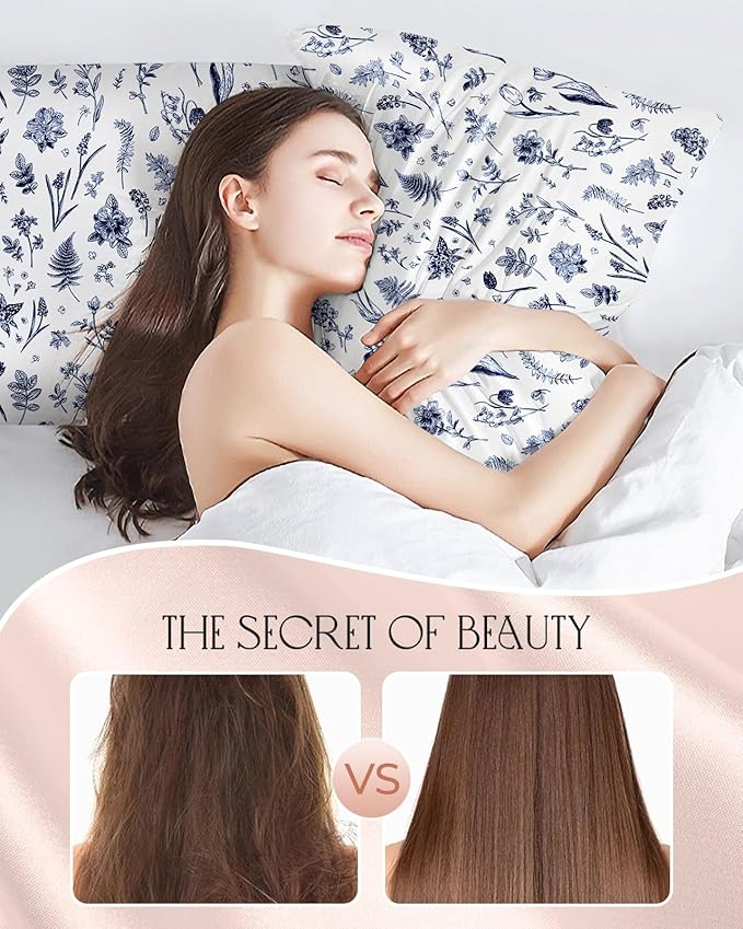 2 Pack Satin Pillowcase - Queen Size 20 x 30 Inches with Hidden Zipper Smooth and Comfortable Pillow Covers Hair and Skin Care for Moms and Women, Blue Line Flower