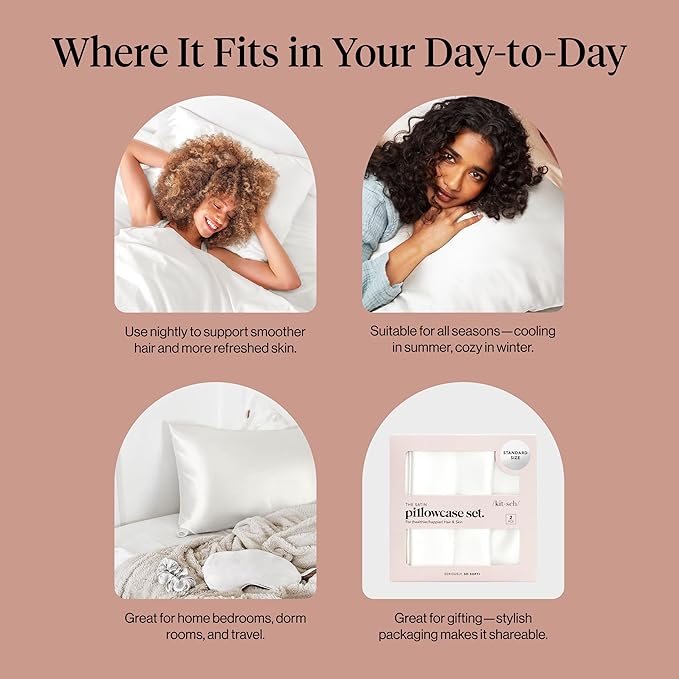 Kitsch Satin Pillowcase with Zipper for Hair & Skin, Softer Than Silk Pillow Cases Queen Size Set of 2, Wrinkle-Free, Smooth and Cooling Satin Pillow Covers, Standard Size 19"x26" - Ivory, 2pcs