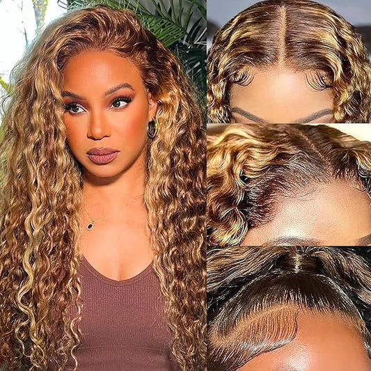 SENSAIRUITE Honey Blonde Deep Wave Lace Front Wigs Human Hair 13x4 Highlight Ombre Curly Lace Front Wig Human Hair 180% Density HD Transparent Glueless Lace Frontal Wigs Pre Plucked 26 Inch