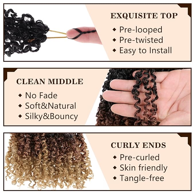 COOKOO 8 PCS Pre-twisted Yanky Twists Synthetic Crochet Braiding Hair 8 Inch Ombre Brown to Blonde Pre Looped Spring Twists Hair Short Water Wave Passion Twists Crochet Hair with Curls 1B/30/27#