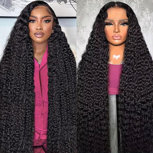 Deep Wave Lace Front Wigs Human Hair 13x6 HD Transparent Lace Wigs 200% Density Deep Curly Human Hair Wig Pre Plucked Lace Frontal Wigs Natural Color 36 Inch