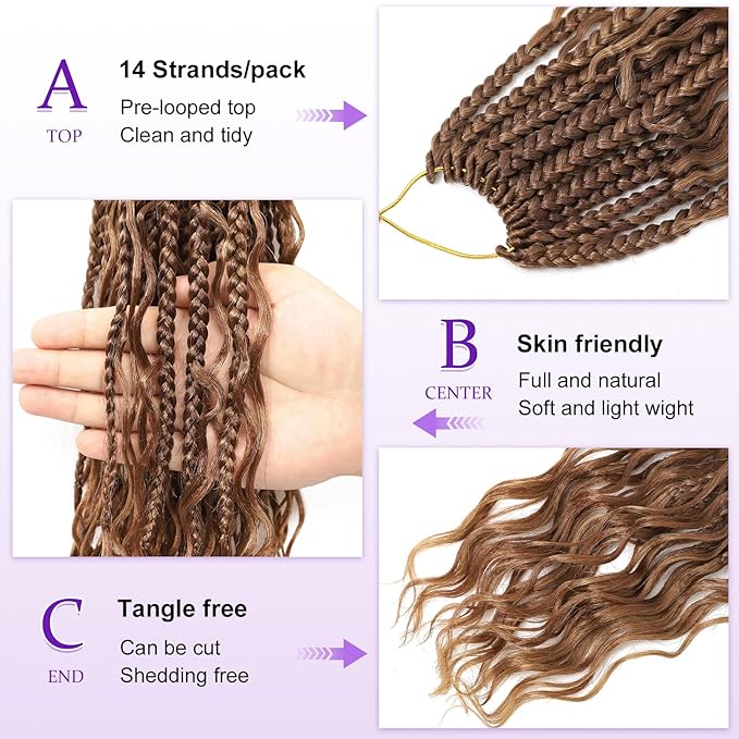 Eacia Goddess Box Braids Crochet Hair 14 Inch 7 Packs Pre Looped Crochet Hair with Curly Ends Short Boho Box Braids for Women(14 Inch, M33/30/27#)