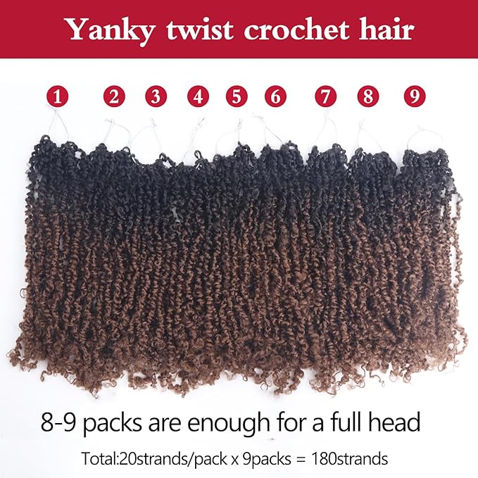 Yanky Twist Crochet Hair, PILLUGER Yaki Twists Hair Micro Spring Twist Braids,9 Packs Pre-looped passion Twist Brown Senegalese With Curls Crochet Synthetic Hair Extensions(OT30)