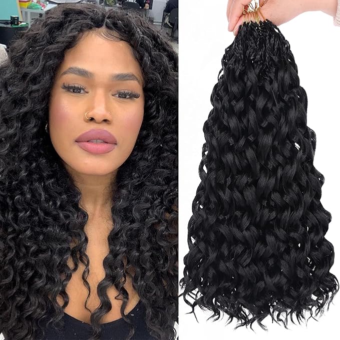 Leeven Gogo Curl Crochet Hair 14 Inch 8 Packs Black Ocean Wave Crochet Hair Pre Looped Deep Twist Goddess Box Braids Curly Water Wave Synthetic Braiding Hair for Women Girl Kids
