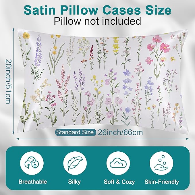Satin Pillowcase Wildflowers and Plants Similar to Silk Pillow Cases for Hair and Skin, 1 Pack Soft Smooth Breathable Cool Pillow Cases, Standard Size with Hidden Zipper 20" x 26"