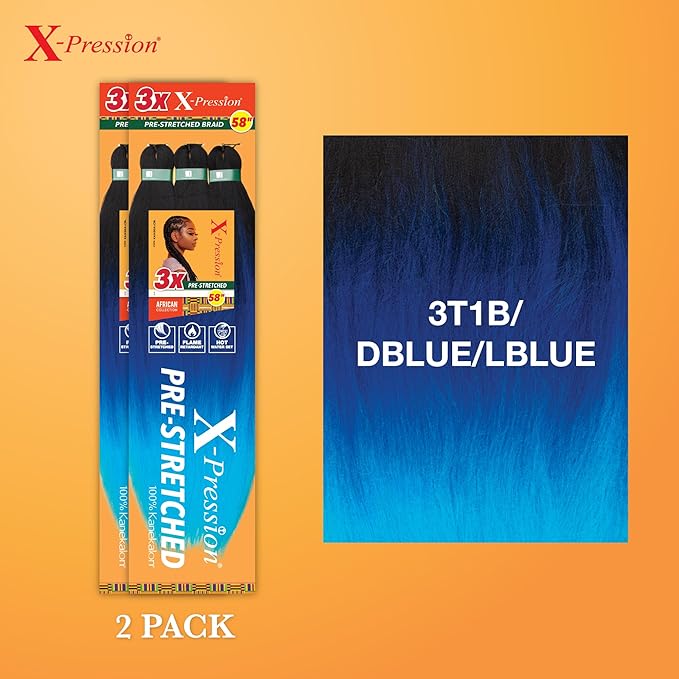 Sensationnel X-pression prestretched braiding hair - 3x braid 58 inch all kanekalon flame retardant synthetic braid for box braids and twists (2 pack, 3T1B/DBLUE/LBLUE)