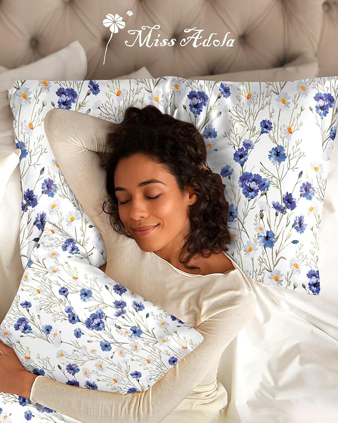 Silk Pillowcase 2 Pack - Cute Pillow Cases 20" x 26" Standard Size Set of 2 for Hair and Skin Smooth Soft Breathable with Hidden Zipper Cooling Pillow Covers for Sleeping, Blue Daisy