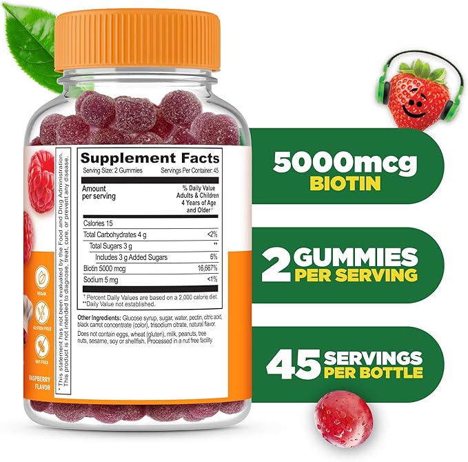 Lifeable Kids Biotin Gummies | 5,000mcg | Great Tasting Natural Flavor Biotin Supplement | Vegan Non GMO Hair Gummies | for Hair Skin and Nails | 90 Gummies