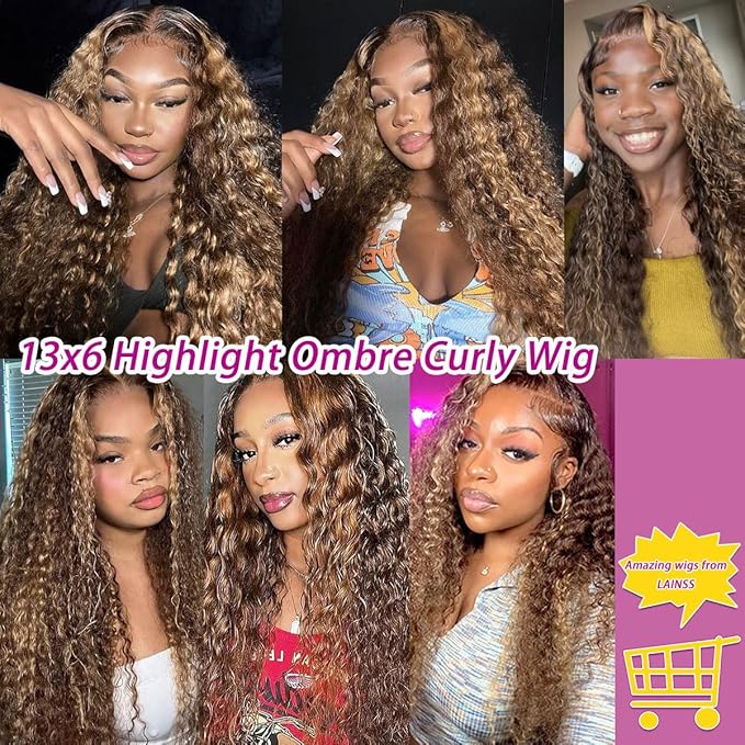 Highlight Ombre 13x6 Deep Wave Transparent Lace Front Wigs Human Hair P4/27 Highlight Curly Wig 210% Density HD Lace Frontal Wigs Glueless Wigs Human Hair Pre Plucked with Baby Hair 20 Inch