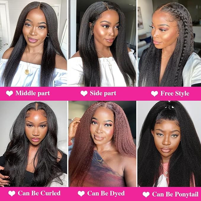Larhali Kinky Straight V Part Wig Human Hair with Drawstring 200% Density Upgrade Glueless U Part Wig No Leave Out No Sew In V Part Wigs Kinky Straight Human Hair Wigs 26 Inch