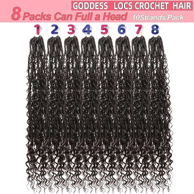 Goddess Locs Crochet Hair-30 Inch 8 Packs Boho Faux Locs Crochet Hair for Black Women Pre Looped Soft Locs with Curly Ends (1B#, 30 Inch(Pack of 8))