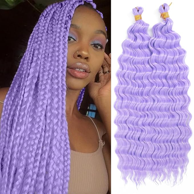 Purple Braiding Hair 18 Inch 2 Packs Long Lavender Purple Deep Ocean Wave Crochet Hair for Black Women Deep Wave Braiding Hair for Boho Braids (18 inch, lavender purple)