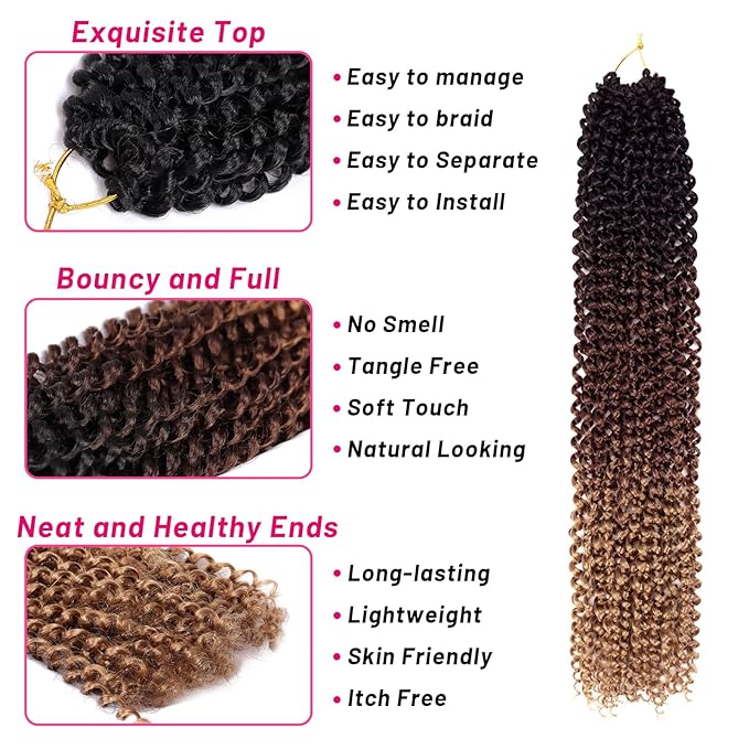 Dorsanee Ombre Passion Twist Hair 24 Inch 7 Packs Water Wave Crochet Hair Long Bohemian Curly Braiding Hair for Butterfly Locs, Faux Locs, Boho Style Spring Twist Crochet Braids (1B/30/27#)