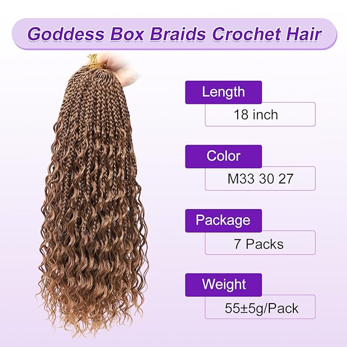 Eacia Goddess Box Braids Crochet Hair 18 Inch 7 Packs Pre Looped Crochet Hair with Curly Ends Short Boho Box Braids for Women(18 Inch, M33/30/27#)