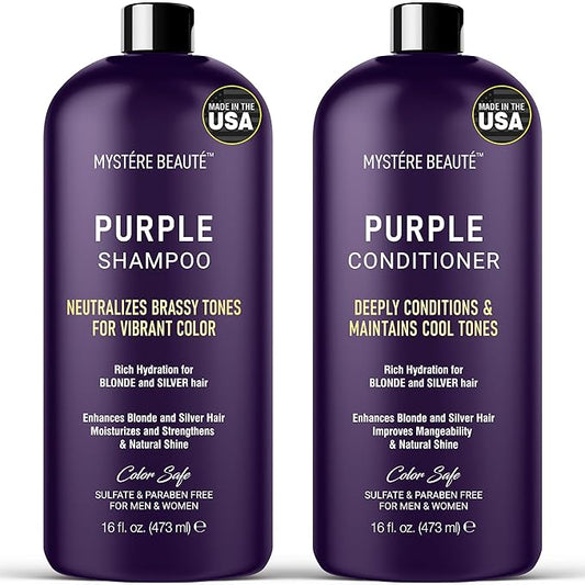 Purple Shampoo and Conditioner Set, For Blonde, Silver, and Gray Hair - Purple Shampoo Conditioner for Men Women, Sulfate Free Anti Yellowing Vibrant Color Protection - 16 fl oz each
