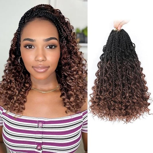14 Inch Goddess Box Braids Crochet Hair Curly Ends 9 Packs Pre Looped Boho Crochet Box Braids Bohemian Box Braid Crochet Hair For Black Women (14Inch 9 Packs,1B/4/30)