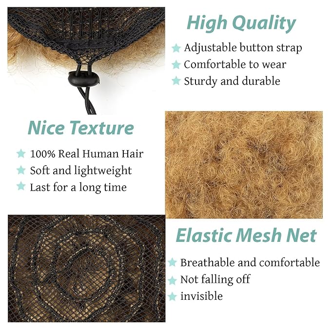 Afro Puff Clip On Human hair Drawstring Ponytail for Black Women,Ponytail Extension 6 Inch #27 Honey Blonde 50g Short Afro Kinkys Curly Afro Bun Extension Hairpiece