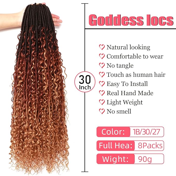 Goddess Locs Crochet Hair-30 Inch 8 Packs Boho Faux Locs Crochet Hair for Black Women Pre Looped Soft Locs with Curly Ends (1B/30/27, 30 Inch(Pack of 8))