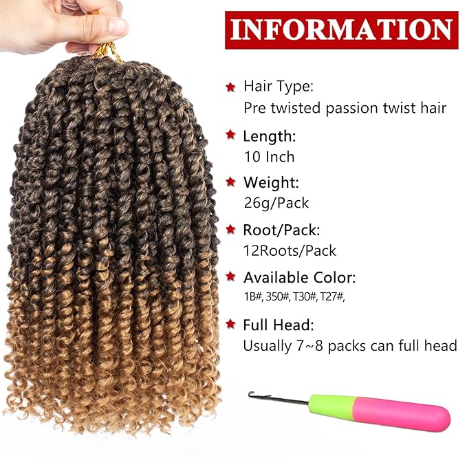 Xtrend 8 Packs Passion Twist Crochet Hair 10 Inch Pre Twisted Natural Passion Twist Hair, Pre Looped Crochet Braids Hair For Women Bohemian Synthetic Passion Braiding Hair Extension (8packs, T27#)
