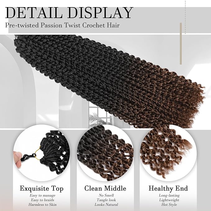 Passion Twist Hair 16 Inch 8 Packs Water Wave Crochet Hair Bohemian Braiding Hair Pre Looped Crochet Braids Hair Extensions For Black Women （T/30#）