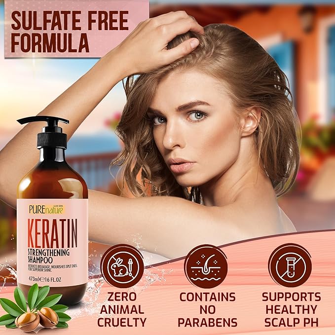 PURE NATURE LUX SPA Keratin Shampoo - Sulfate Free, Strengthening Formula - Repair Damaged and Dry Hair - Products for Women and Men - For Thinning Hair - 16 Fl Oz