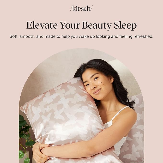 Kitsch Satin Pillowcase with Zipper for Hair & Skin, Softer Than Silk Pillow Cases Queen, Wrinkle-Free, Smooth and Cooling Satin Pillow Covers, Standard Size 19"x26", Champagne Butterfly