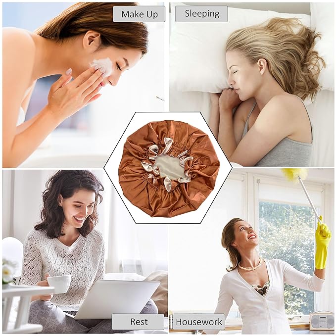 Silk Bonnet for Sleeping Satin Bonnets Double Layer Reversible Hair Cap Bonnet for Women Long Curly Braid Hair (Copper)