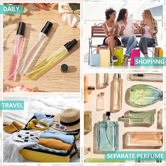 Zhehao 10 Pcs Mini Spray Bottles 10 ml Clear Glass Perfume Bottles Refillable Fine Mist Perfume Atomizer Portable Empty Sample Containers for Cleaning, Essential Oils, Travel (Black Cap)