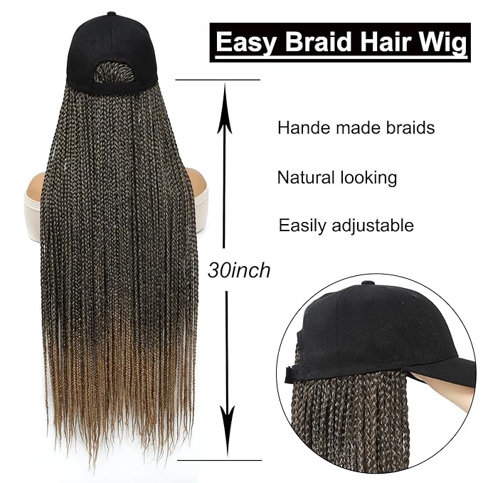 Hat Wig for Women Baseball Cap with Braided Hair Attached 30inch long Synthetic Ombre Box Braid Wig Hat Adjustable Cap with mix black light brown Braids for Daily Outdoor Use