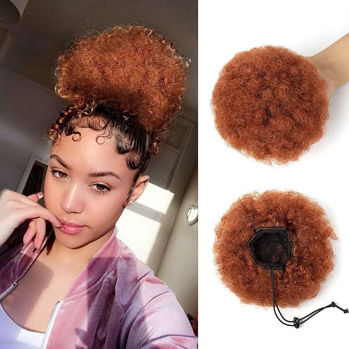 Afro Puff Clip On Human hair Drawstring Ponytail for Black Women,Ponytail Extension 6 Inch #30 Light Brown 50g Short Afro Kinkys Curly Afro Bun Extension Hairpiece