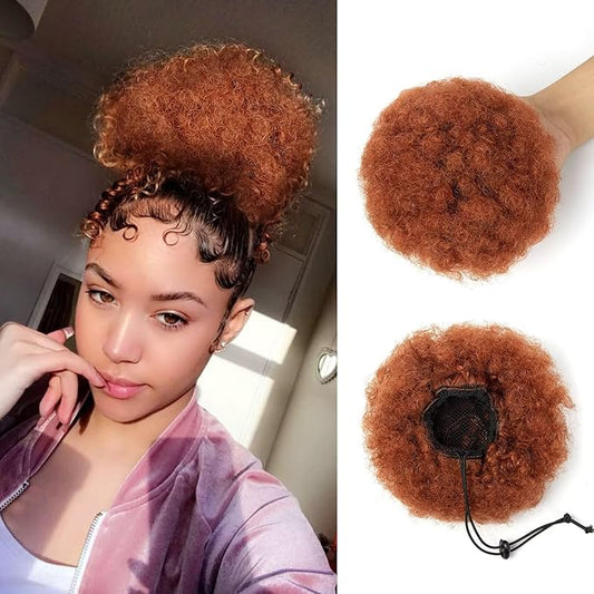Afro Puff Clip On Human hair Drawstring Ponytail for Black Women,Ponytail Extension 6 Inch #30 Light Brown 50g Short Afro Kinkys Curly Afro Bun Extension Hairpiece
