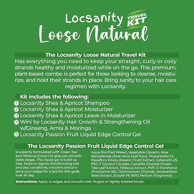 Locsanity Natural & Organic Loose Natural Sample Travel Kit, Gentle 2-in-1 Shampoo/Conditioner, Deep Moisturizing Conditioner, Hair Oil, Detangler Leave-in Conditioner, Smooth Liquid Edge Gel