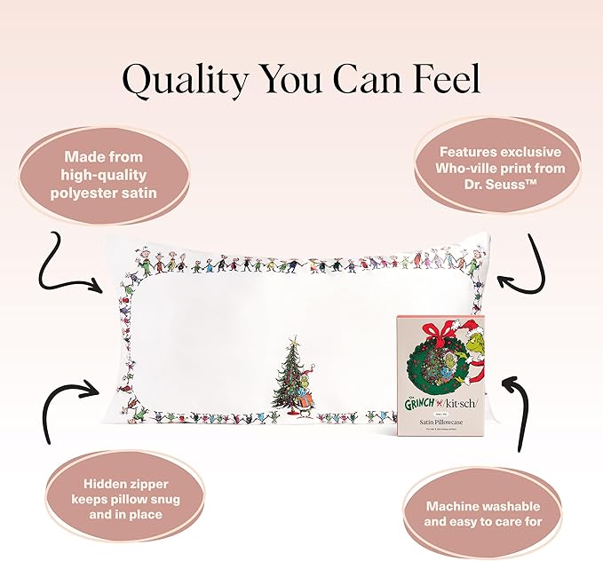 The Grinch x Kitsch Satin Pillowcase with Zipper for Hair & Skin - Softer Than Silk Pillow Cases, Smooth Cooling Pillow Cover, Wrinkle-Free, Machine Washable, King Size (19x36) - Who-Ville