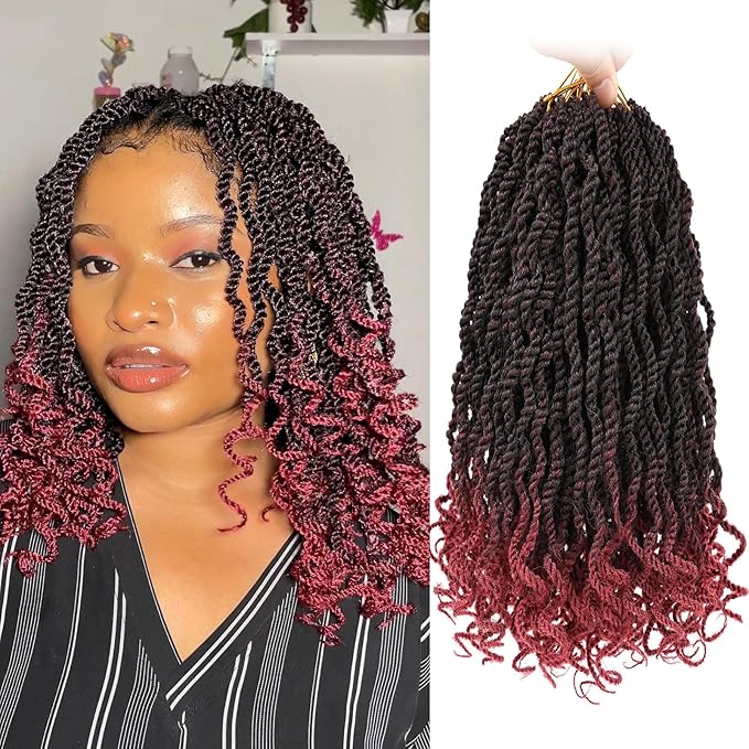 Leeven 12 Inch Burgundy Senegalese Twist with Curly Ends 8 Packs Ombre Red Hanava Twist Crochet Hair Pre Twisted Short Kinky Twsit Pre Looped Synthetic Crochet Braids for Women Kids