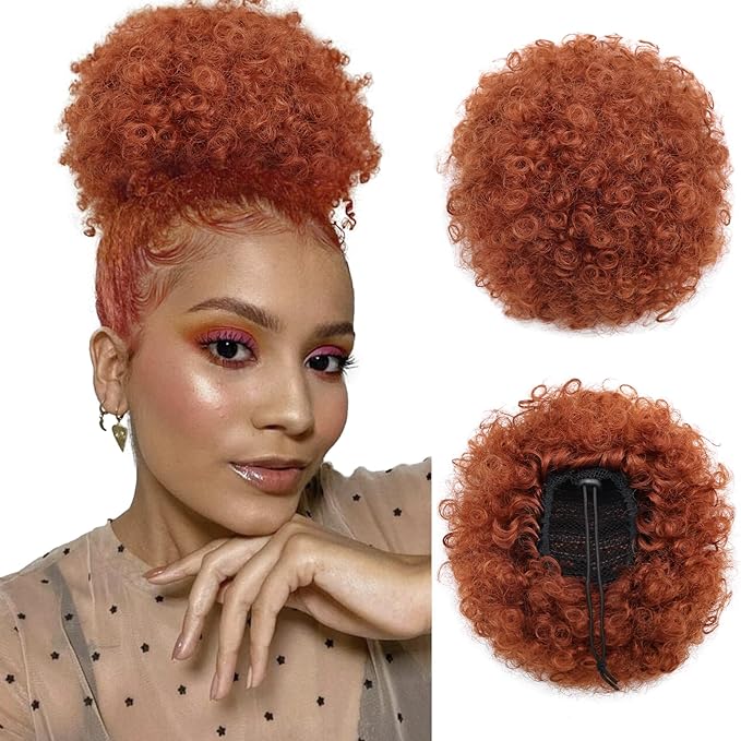 AISI QUEENS Afro Puff Drawstring Ponytail Extension for Black Women Copper Afro Puff Bun Extension Short Afro Kinkys Updo Hairpieces for Black Women(350#)