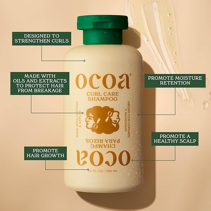 OCOA Beauty Curl Care Shampoo with Apple, Cupuaçu Butter & Apple Cider Vinegar – Curly & Wavy Hair Cleanser - Retains Moisture for Soft, Manageable and Defined Curls – 10oz