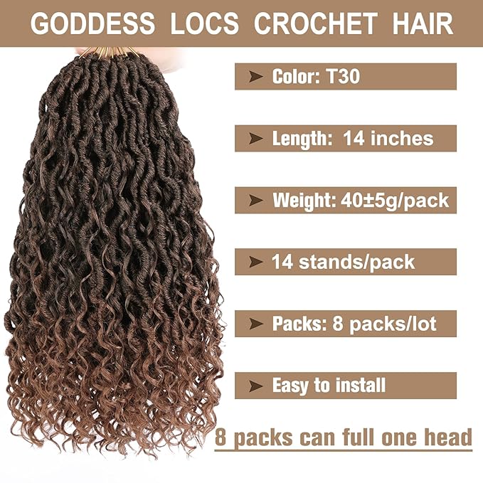 COOKOO 8 Packs Boho Goddess Locs Crochet Hair for Women 14 Inch Goddess Faux Locs Crochet Hair Pre-curled River Locs Hair for Women Pre Looped Bohemian Locs Hair Extensions T30