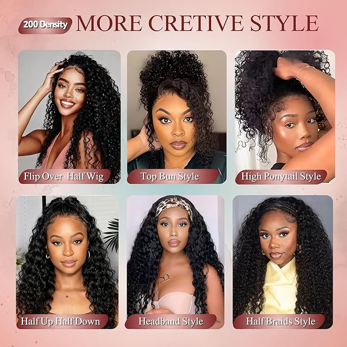Deep Wave Half Wig Human Hair 20inch Wear and Go Glueless Curly Wig 200% Density 3 In 1 Seamless Flip Over Drawstring No Headband Wig for Black Women Beginner Friendly Natural Color