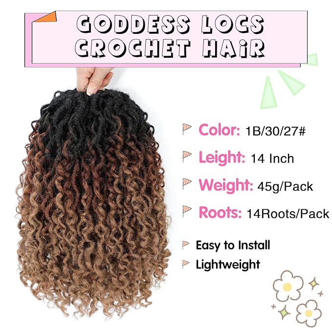 Fulcrum Goddess Locs Crochet Hair 14 Inch, 8 Packs New Faux Locs Crochet Hair for Black Women, Crochet locs with Curly Ends (14Inch (Pack of 8), 1B/30/27#)