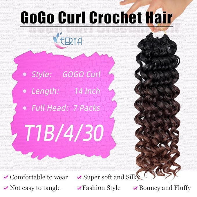 7 Packs GoGo Curl Crochet Hair 14 Inch Short Curly Crochet Hair for Women Beach Curl Water Wave Deep Twist Crochet Braids Synthetic Braiding Hair Extensions (14 Inch, T1B/4/30)