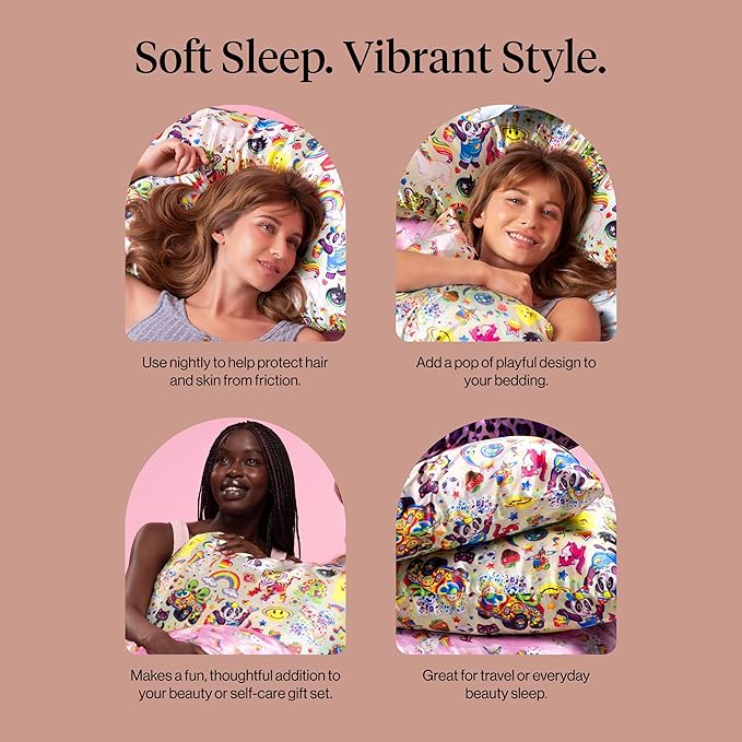 Kitsch x Lisa Frank Satin Pillowcase with Zipper for Hair & Skin, Softer Than Silk Pillow Cases, Wrinkle-Free, Smooth and Cooling Satin Pillow Covers King Size 19x36- The Fantastic World of Lisa Frank
