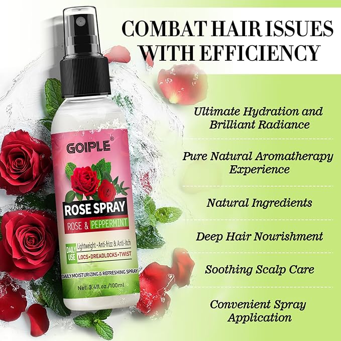 Rose Water for Hair Loc Spray Refreshing for Locs - Rose Water Hair Scalp Moisturizer Hydrating Dreadlock Rosewater & Peppermint Spray - Loc Brush for Dreads Comfortable Massage Wide Tooth Comb (2PCS)