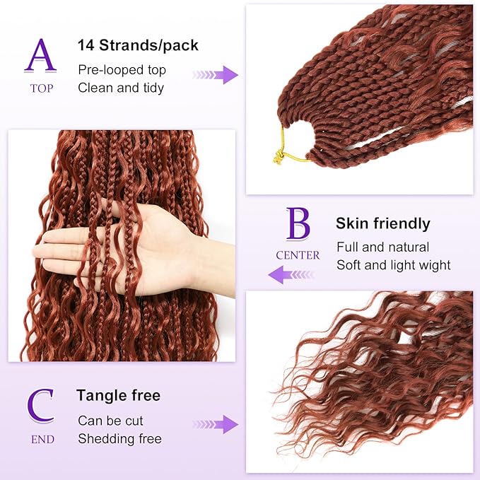 Eacia Goddess Box Braids Crochet Hair 24 Inch 7 Packs Reddish Brown Boho Braids for Women Pre Looped Crochet Hair with Curly Ends (24 Inch, Reddish Brown#)