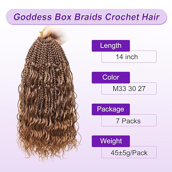 Eacia Goddess Box Braids Crochet Hair 14 Inch 7 Packs Pre Looped Crochet Hair with Curly Ends Short Boho Box Braids for Women(14 Inch, M33/30/27#)