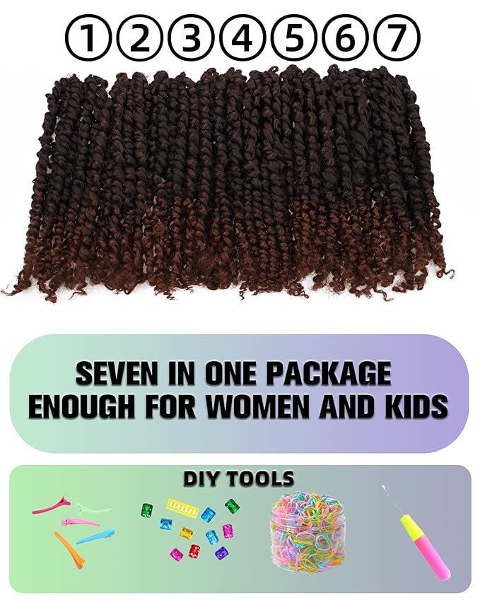 10 Inches 7 Packs Pre Looped Pretwisted Passion Twist Crochet Hair for Black Women and Kids-Ombre Brown,Soft Hair Extensions Braided by Synthetic Spring Kinky Twist Bohemian Curl(10"-7 Packs,T1B/30)