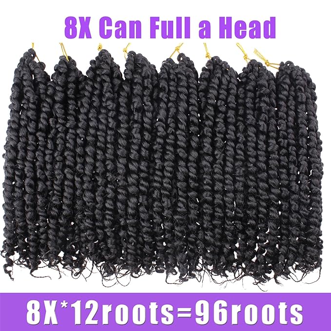 ZRQ Short 8 Packs Pre-twisted Bob Passion Twist Crochet Hair with Curly Ends 10 Inch Pre looped Black Passion Twists Hair 12 Roots/Pack Synthetic Bohemian Crochet Braids Hair for Black Women 1B#